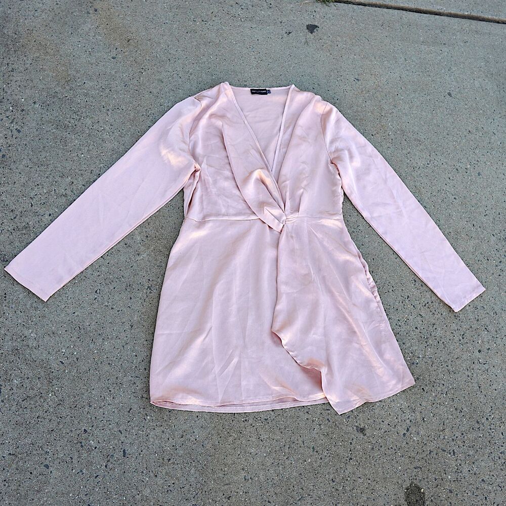 PrettyLittleThing Pink Satin Draped Knot Front Plunging V Neck Blouse Top 10